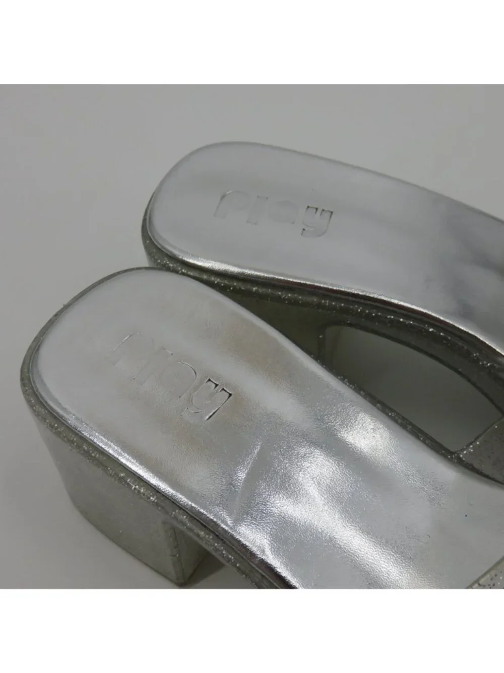 Play Women 7 US Silver Glitter Chunky Heel Platform Slide Shoes Sandals Costume